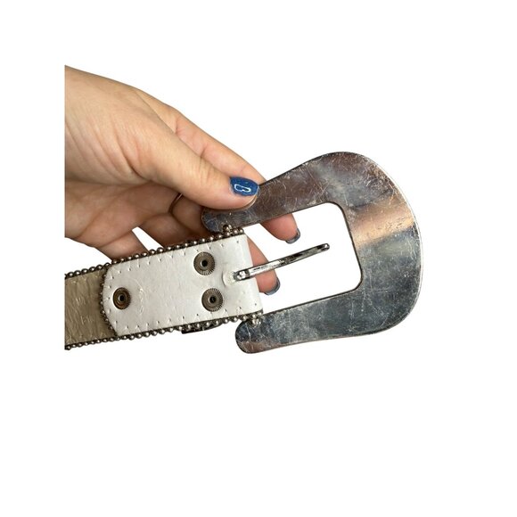 Y2K Grunge Rhinestone Cross Crystal White Leather Stud Snap On Buckle Belt M/L - Picture 2 of 5